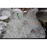 A QUANTITY OF GLASSWARES, including decanters, drinking glasses, rose bowl etc