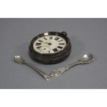 A SILVER POCKET WATCH, and two silver salt spoons (3)