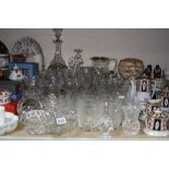 A GROUP OF DRINKING GLASSES, etc, including decanters, champagne bowls, rose bowls etc