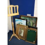 A MODERN WOODEN SHEET MUSIC STAND, J. Allen, watercolour of a red brick building, dated 1906,