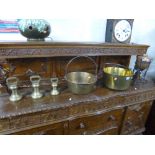 A QUANTITY OF BRASS AND COPPERWARE, including weights, fire irons, etc (10)