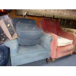 TWO UPHOLSTERED ARMCHAIRS, and a pouffe (3)