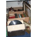 TWO BOXES OF BOOKS, FOUR PICTURES AND A CASE OF RECORDS