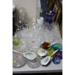 VARIOUS GLASSWARES AND PART ENAMEL/SILVER DRESSING TABLE SET, (3) etc, to include Caithness