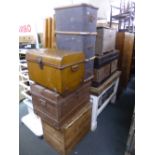 SIX VARIOUS TRUNKS/CRATES, including two tin trunks, two wooden crates, etc