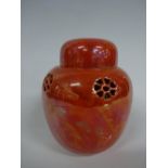 A RUSKIN POTTERY POT POURRI VASE AND COVER, having five pierced roundels to upper ovoid body,