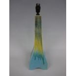 A RUSKIN POTTERY LAMP, of tapering square form having tonal blue, yellow to green crystalline glaze,