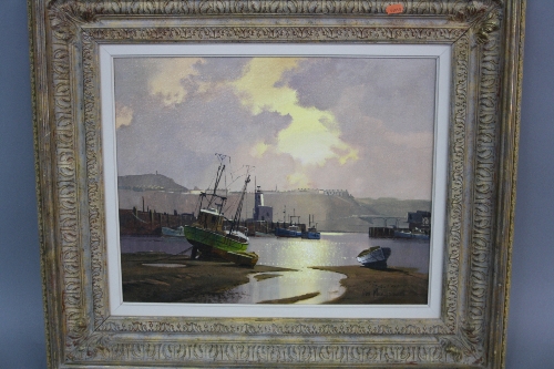 DON MICKLETHWAITE, Harbour scene at dusk, cliff top buildings and iron bridge to distance, oil on