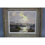 DON MICKLETHWAITE, Harbour scene at dusk, cliff top buildings and iron bridge to distance, oil on