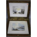 DON MICKLETHWAITE, Boats moored in harbour at low tide, watercolours, a pair, signed lower left,