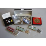 A BOX CONTAINING VARIOUS MEDALS AND ITEMS, 3 x WW2 Air Crew Europe Stars(all believed to be