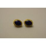 A MODERN PAIR OF LAPIS LAZULI CLIP EAR STUDS, oval cabochon cut lapis lazuli stones measuring