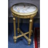 LOUIS XVI STYLE GILTWOOD AND GESSO CIRCULAR OCCASIONAL TABLE, with grey veined marble inset top on