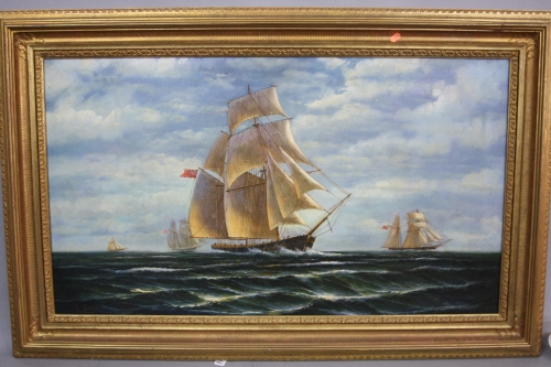L. GOUGH, At full sail, four sailing vessels flying red and Union flags on choppy seas, oil on