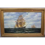 L. GOUGH, At full sail, four sailing vessels flying red and Union flags on choppy seas, oil on