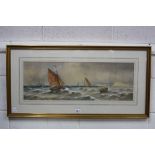 THOMAS BUSH HARDY, Fishing boats on choppy seas, coastline to the right, large frigate to the