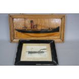 A WOODEN HALF BLOCK MODEL OF A TUG BOAT, mounted on an oak panel, approximately 31.5cm x 61cm,