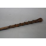 A LATE 19TH CENTURY HARDWOOD WALKING CANE, carved with a snake spiralling around the cane with