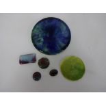 STONEWARE CABOCHON, comprising blue and green circular example (unmarked), approximately 11cm