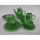 A COLLECTION OF GREEN LUSTRE RUSKIN POTTERY, comprising footed bowl, impressed Ruskin, England,