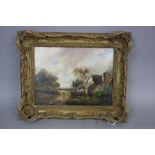 J. THOR, figure of a country lane with cottage to the foreground, church to the distance, oil on