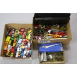 A QUANTITY OF UNBOXED AND ASSORTED PLAYWORN DIECAST VEHICLES, Dinky, Corgi etc, with a boxed Wooster