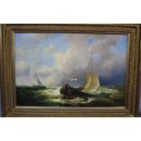 MATT THOMAS, (20th Century), French fishing vessel on shore in a stormy seascape, oil on canvas,
