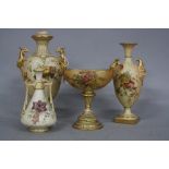 A GROUP OF FOUR ROYAL WORCESTER BLUSH IVORY TWIN HANDLED VASES, including one with cover (s.d.),