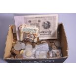 A SMALL BOX CONTAINING BRITISH AND WORLD COINS, to include small amounts of silver coinage