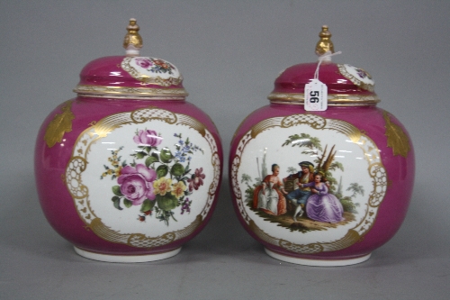 A PAIR OF 'AUGUSTUS REX' BULBOUS VASES AND COVERS, having courting couple and floral cartouches to