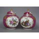 A PAIR OF 'AUGUSTUS REX' BULBOUS VASES AND COVERS, having courting couple and floral cartouches to