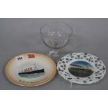 AN EARLY 20TH CENTURY POTTERY PLATE, printed and titled with R.M.S. Mauretania, diameter