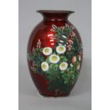 A JAPANESE CLOISONNE VASE, by Ando Jubei, having flowering foliate decoration to red ground, white