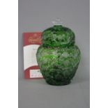 A BOXED ROYAL BRIERLEY GREEN GINGER JAR AND COVER, having incised floral and leafage design to green