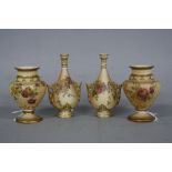 TWO PAIRS OF MINIATURE ROYAL WORCESTER BLUSH IVORY POSY VASES, one pair of twin handled conical