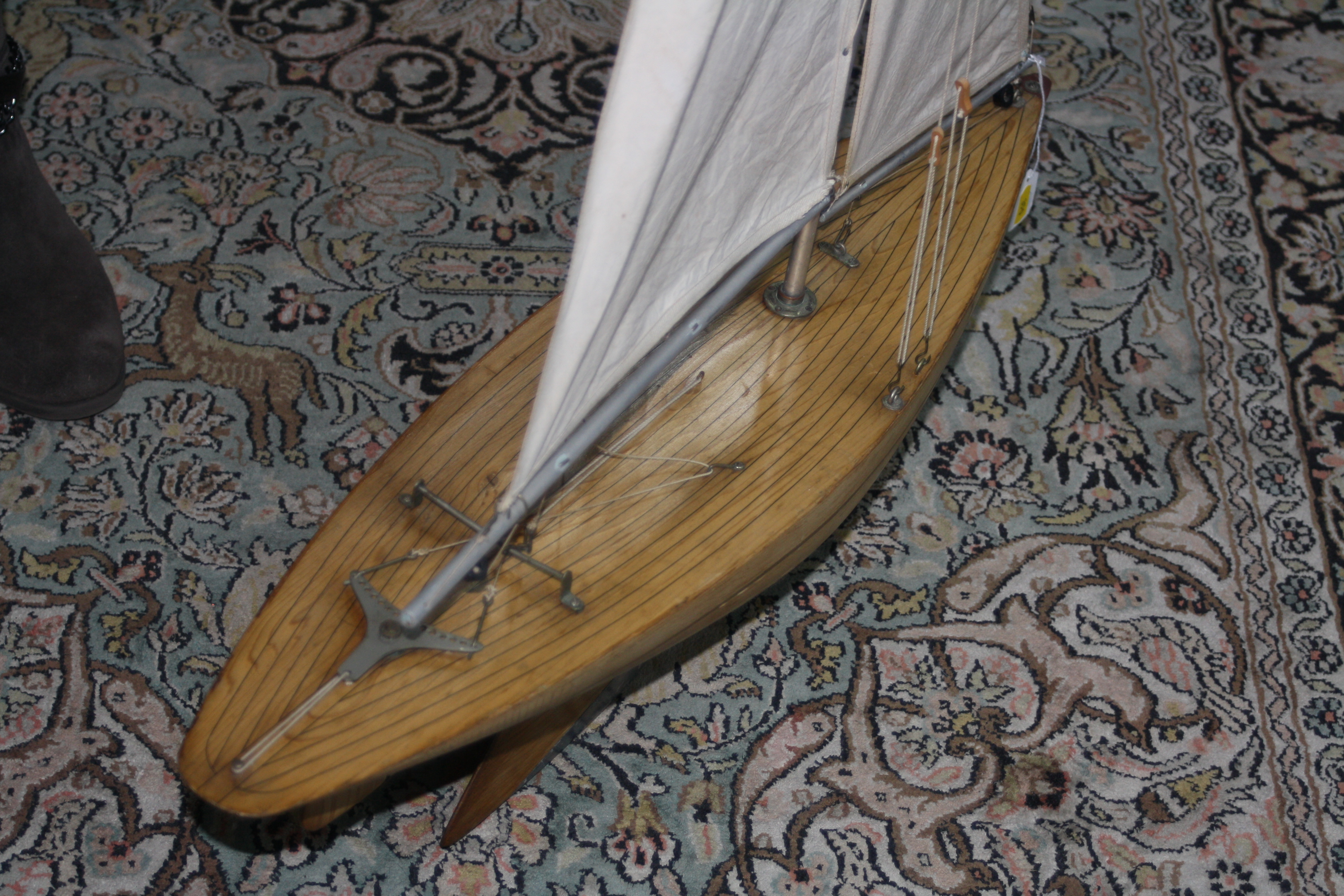 A WOODEN SCRATCH BUILT MODEL OF A FISHING VESSEL, painted white and red on a wooden stand, height - Image 5 of 5