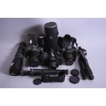 A BOX OF SLR CAMERAS, lenses and accessories, the cameras are Pentax P50 and P30T, an Olympus