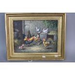 A GILT FRAMED OIL ON PANEL, chickens in farmyard with broom leaning against barn and pail in