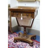 A 19TH CENTURY MAHOGANY SEWING TABLE, with fold-over top, single storage compartment on turned