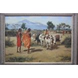 WILLEM STERNBERG DE BEER, (b.1941-), 'Alasia' oil on canvas, figures with cattle in dry landscape,