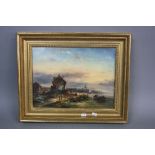 MAYET, gilt framed oil on panel, Dutch coastal landscape with figures in boat and on shore line with