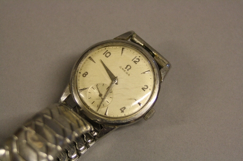 A GENTLEMANS STAINLESS STEEL OMEGA WRISTWATCH, 17 jewelled, caliber 267 Dennison case No.1108 c.