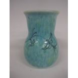 A RUSKIN POTTERY BULBOUS VASE, having long flared neck to squat body with blue and green tonal