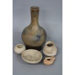 A SMALL COLLECTION OF ROMAN TERRACOTTA CERAMICS, including an oil lamp and spice pots, circa 1st