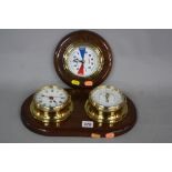 SEWILLS OF LIVERPOOL MODERN BRASS CASED QUARTZ SHIPS CLOCK AND ANEROID BAROMETER, mounted on a