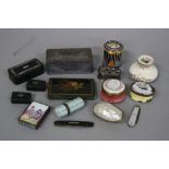 A COLLECTION OF PILL, TRINKET AND NEEDLE CASES/BOXES, comprising Bilston enamel circular 'A Token of