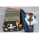 A HALF SIZE VIOLIN, no labels, two piece back, together with a bow, signed photographs and a box