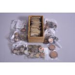 A BOX OF BRITISH AND WORLD COINS, to include amounts of silver George III 1816 Shilling, 1933