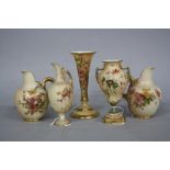 FIVE PIECES OF ROYAL WORCESTER BLUSH IVORY, comprising a pair of ewers, shape No.1094, a posy