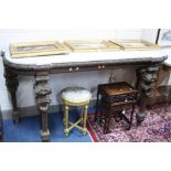 A 19TH CENTURY CONSOLE TABLE, with variegated white marble top, the base with heavily carved